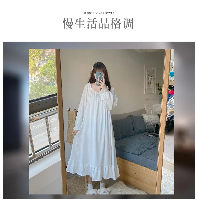 Spring Autumn Women's Sleepwear Night Dress Cotton Mesh Long Sleeve Home Wear Clothes Ladies Night Sleep Shirts Nightgown Woman