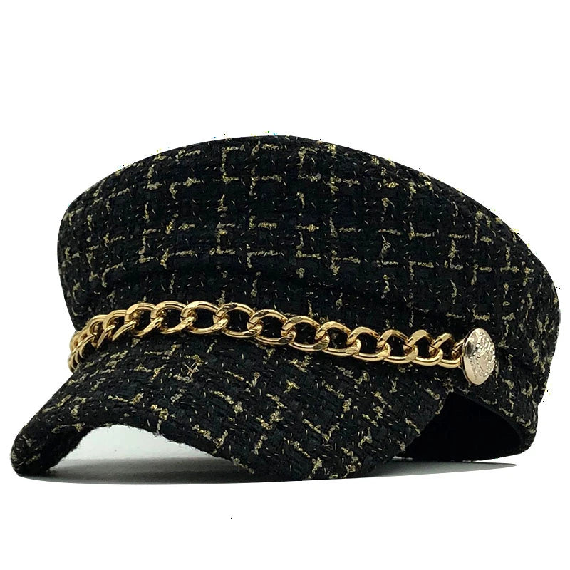 Hot Wool hat cap for women casual streetwear rope flat cap elegant solid autumn winter warm Metal chain beret hat female