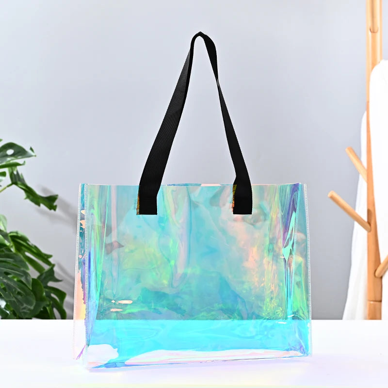 Ready to Ship Can Custom logo Luxury Large Handbags Women Tote Bag Pvc Iridescent Holographic Tote Beach Bag PU Ribbon Handles