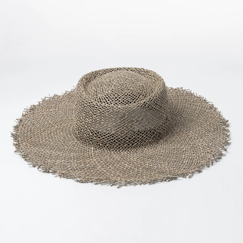 Summer hats for women Retro flat hat brim hand-made Hollow design raffia straw hat ladies outdoor sun protection beach straw hat