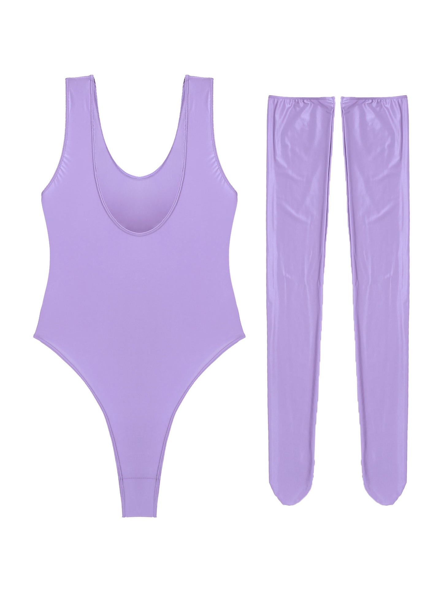 Women Sexy High Cut Bodysuit with Stocking Outfits Metallic Glossy Sleeveless Stretchy Tights One-piece Swimsuit Clubwear