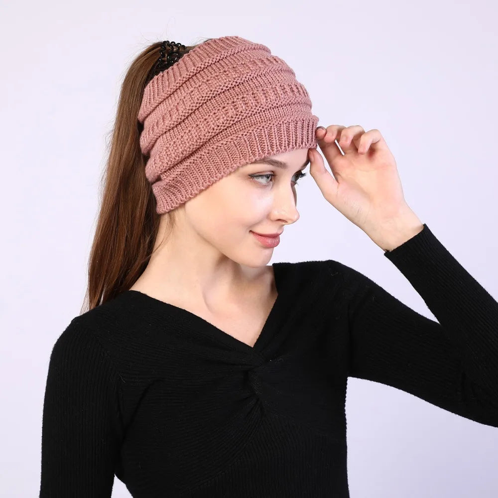 hats for women knitted hat cotton winter beanies with ponytails black knit fleece pink Autumn Solid Color ladies cap