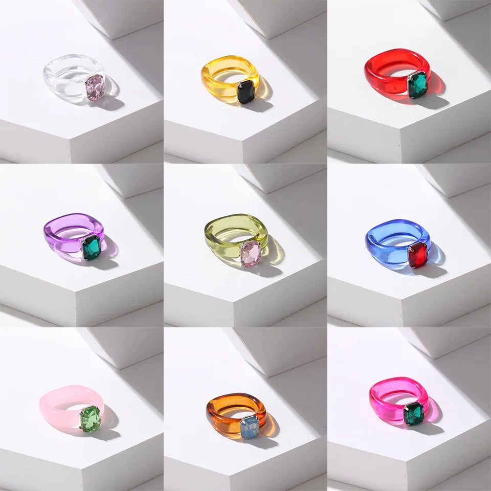 2021 New Colourful Transparent Resin vintage ring simple style Geometric Square Round Rings for Women men unisex Jewelry Gifts