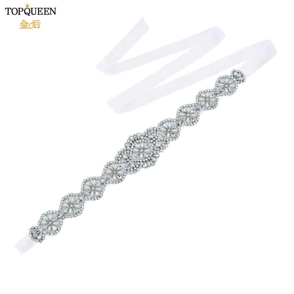 TOPQUEEN Bridal Belts Bling Wedding Women Jewelry Silver Rhinestone Pearl Crystal Sparkly Party Formal Dress Diamond Sash S161