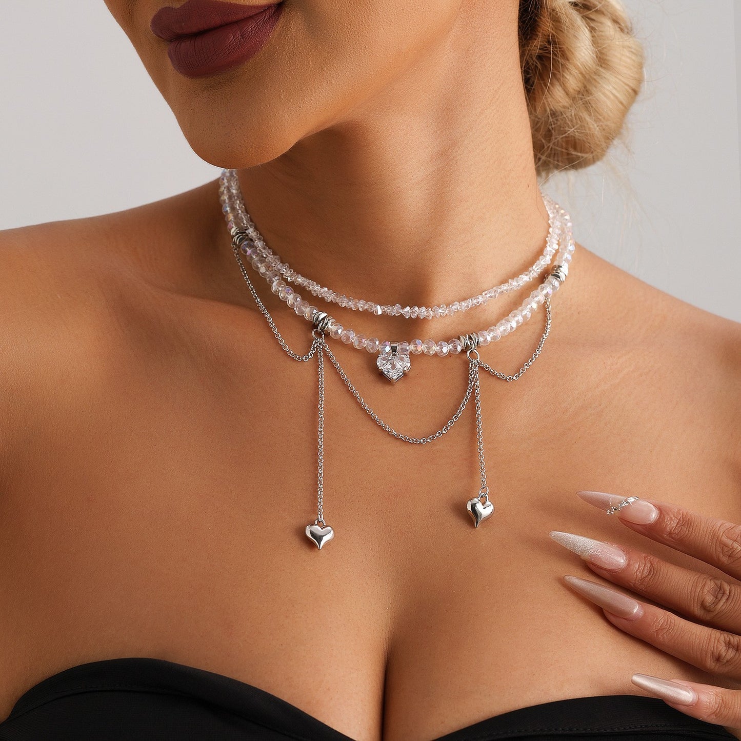 Y2K Heart Beaded Necklace Women Boho Irregular Crystal Class Gravel Clavicle Chain Cool Y2K Choker Exquisite Fashion Jewelry