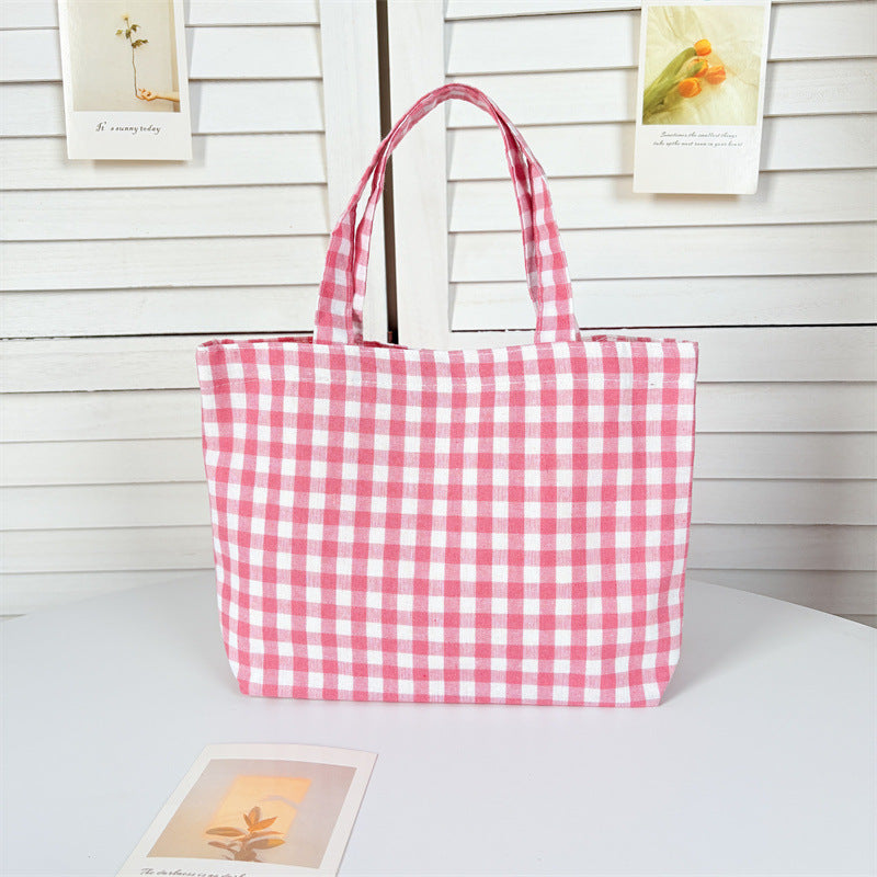 Portable Women's Bento Handbags Simple Plaid Ladies Small Tote Purse Shoulder Bags Retro Female Cloth Reusable Shopping Bag