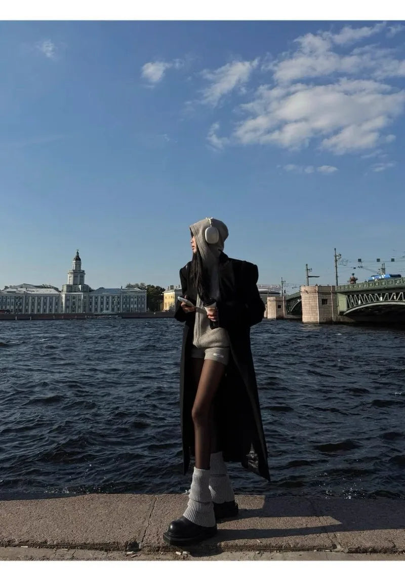 Sweater Set Women American Vintage Hooded Long Sleeve Cardigan Straight Shorts Grey Two Piece Outfit Fall Winter Streetwear Set