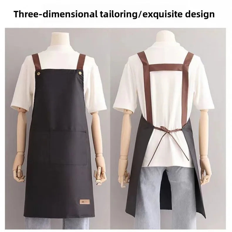 Kitchen Apron Rivet Strap Leather Apron Multi-functional Stain-resistant Oil-proof Waterproof Cooking Solid Color Hotel Workwear