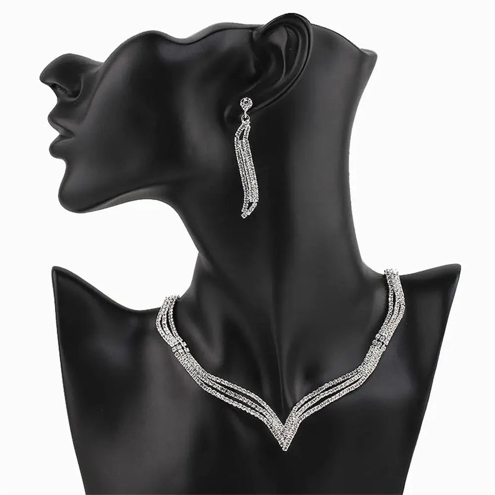 Wedding Dress Crystal Jewelry Set Shiny Banquet Ladies Rhinestone Necklace Earrings Bride Jewelry Gifts
