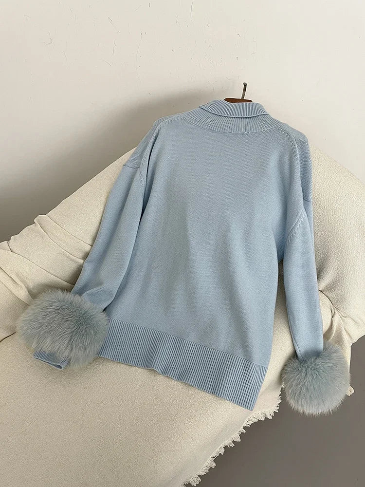 Sweater Women 2024 Autumn Winter Fashionable Sweaters with Real Fox Fur Sleeves Slim Fit Sweaters Fur Knitwear England Style