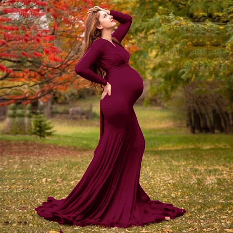 2024 Elegant Maternity Dresses For Photo Shoot Pregnant Women Dress Long Sleeve V-Neck Pregnancy Photography Shower Dress