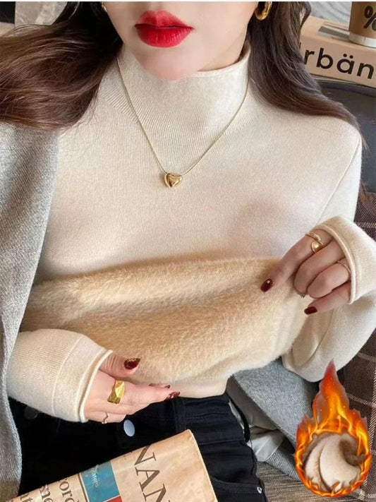 2025 Sweater For Women Casual Thick Warm Knit Plush Velvet Lined Pullover Tops Fall Winter Soft Knitwear Jumper New Slim Poleras
