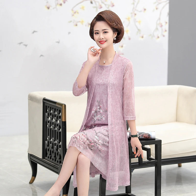 Elegant Dresses Women NEW Summer Casual Retro Temperament printing two Piece Set Dress Mother Dress plus Size