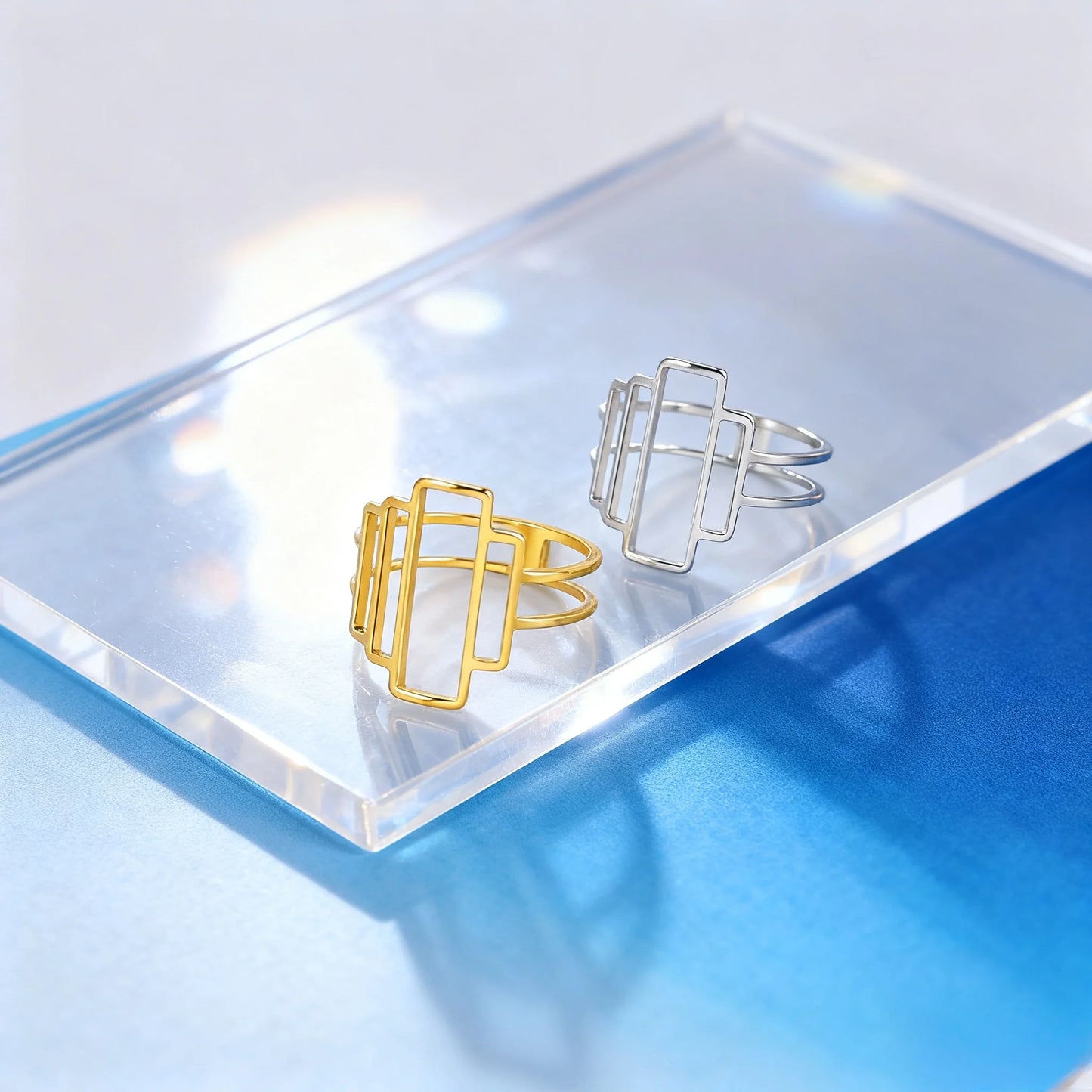 Fashionable and minimalist rectangular geometric ring with hollowed out lines geometric building ring minimalist couple ring
