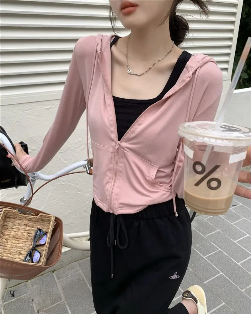 Hooded Jackets Women Thin Sunscreen Solid Fashion Summer Long Sleeve Cropped Coats All-match College Breathable Sporty Popular