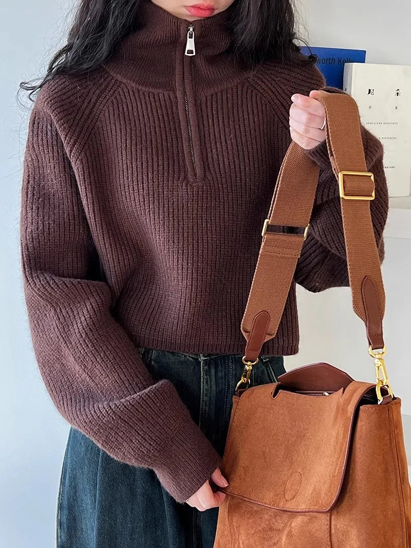 Sweater Pullover Women Autumn Winter 2025 New Zipper Underlay Loose Short Style Popular Premium Sweater Female Tops