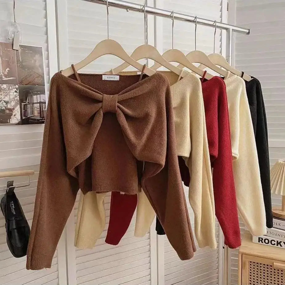 Sweater Suit for Women Two-piece 2025 Autumn New Suspender Vest Bow Long Sleeve Short Top