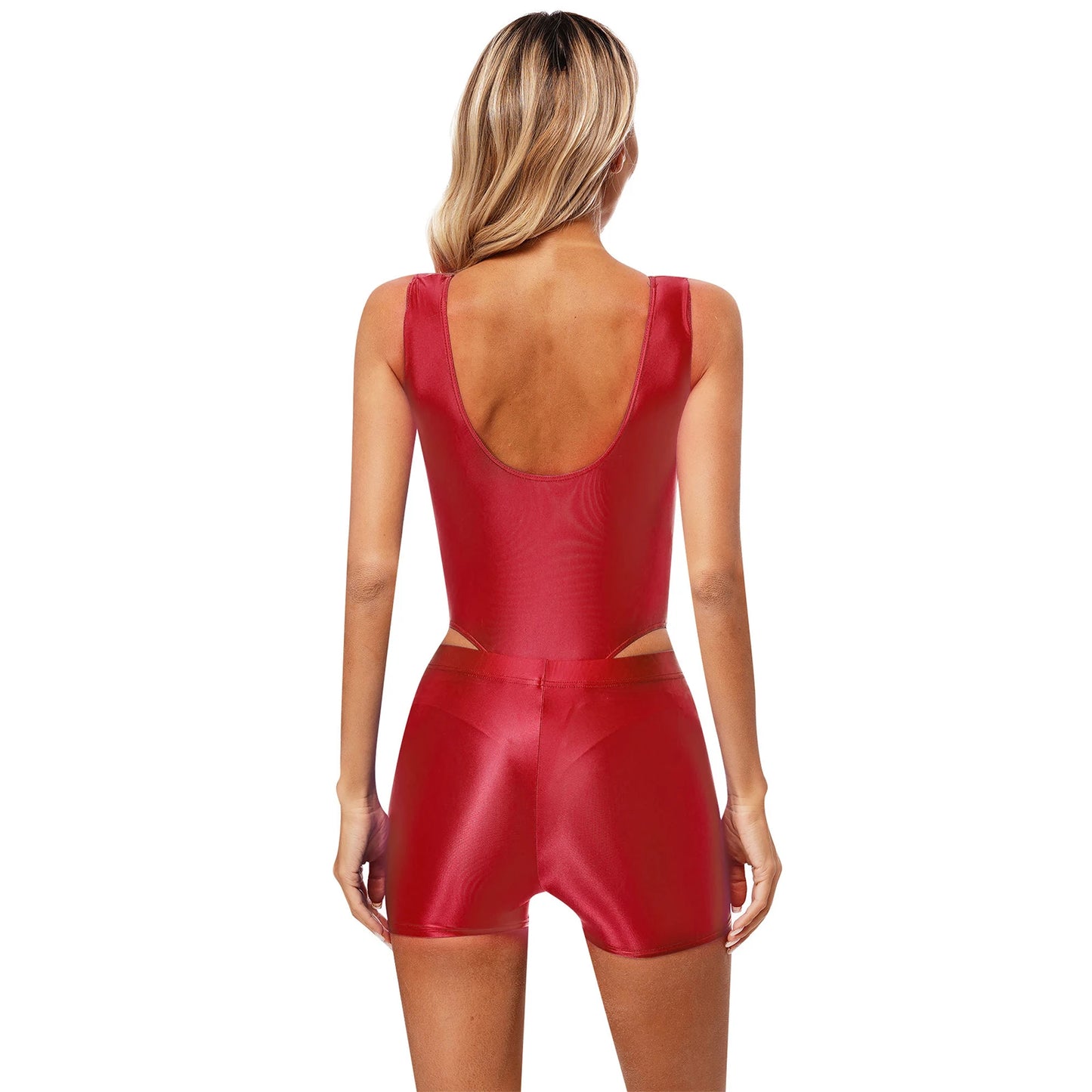 Womens Glossy Swimsuit High Cut Backless Sleeveless Bodysuit with Elastic Waistband Shorts for Gym Yoga Sports Fitness Swimming