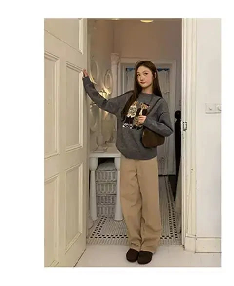 Sweater cartoon small bag core yarn needle retro women's  loose round neck knitted sweater new print black