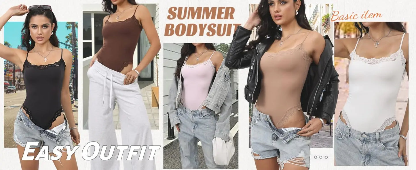 Women Lace Bodysuit Sexy Square Neck Sleeveless Cami High Leg Thong Bodysuit Body Suits Tank Tops Leotard Going Out