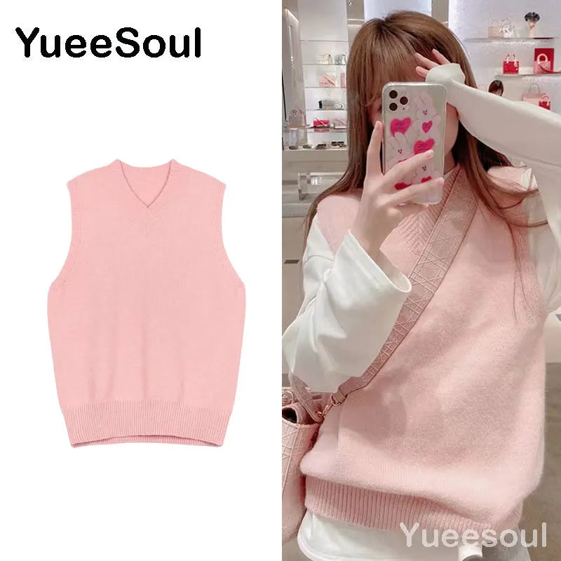 Sweet Kawaii Sweater Vest Printed Sleeveless Casual Outerwear Knitted Waistcoat 2023 Vintage Y2K Spring  E Girl Pullovers Tops