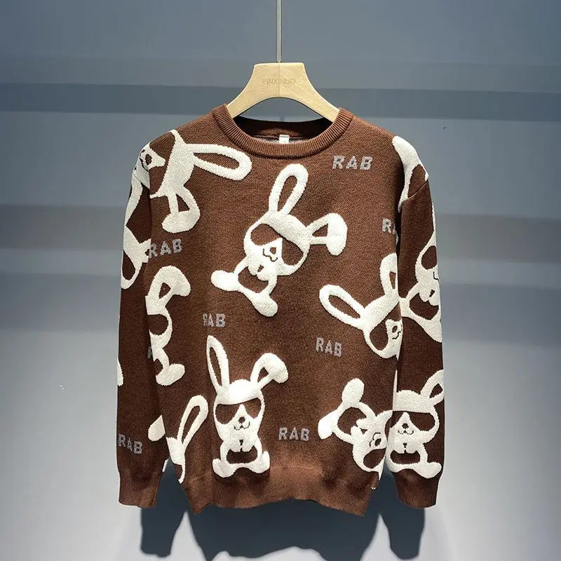 Sweater Men's Autumn Winter New Personality Rabbit Round Neck Casual Knitted Sweaters Flocking Print Long Sleeves Slim Pullover