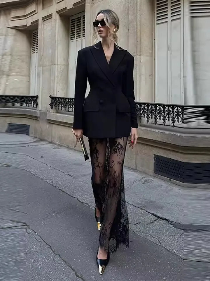 2025 Elegant Blazer Skirt Sets Women Two Piece Double Breasted Jacket Lace See Through Trousers Suits New Party Gown Set