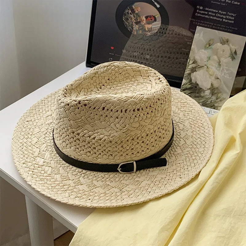 Straw Western Cowboy Hat for Women Men Classic Vintage Hollow Out Unisex Curled Wide Brim Sun Hat Fishing Hat Climbing Cap