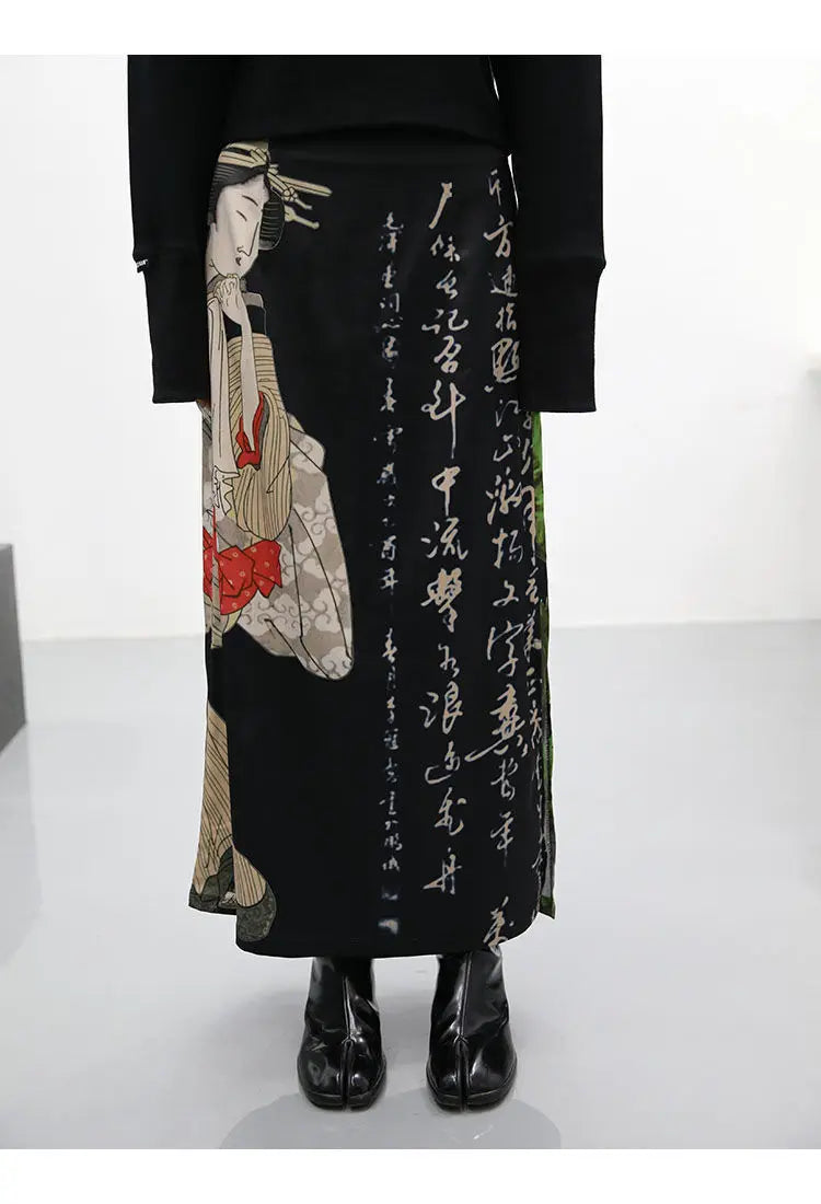 Skirts Women Cool Design Side-Slit Retro Leisure Simple Chinese Style Print All-match Comfortable High Waist Fashion Streetwear
