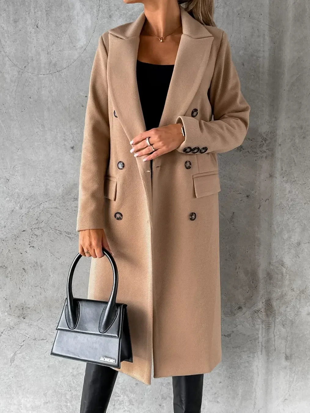 Women Double Breasted Woolen Outerwear Solid Color Long Overcoat Commuter Style Turndown Collar Lady Outerwear for Autumn Winter