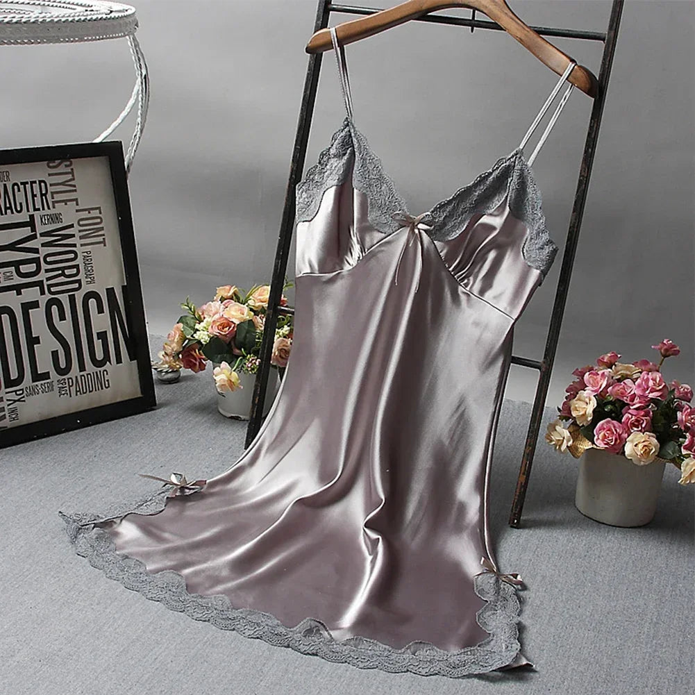Women Ladies Sexy Nightdress Lace Satin Soft Silky Glossy Lingerie Dress Sleepwear Breathable Sling Sleepshirts Summer V-Neck
