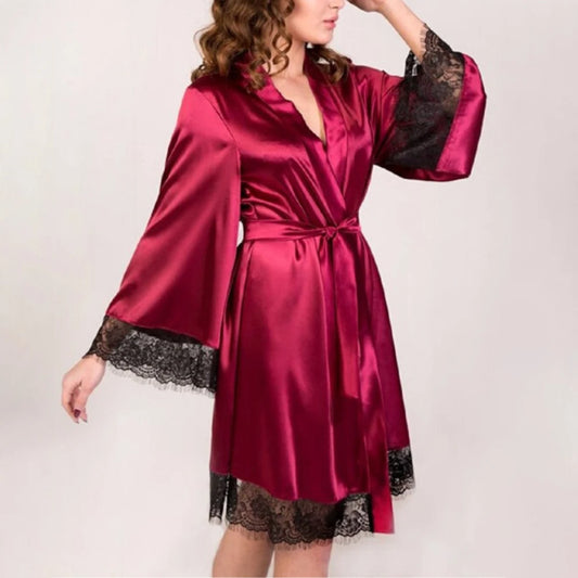 Women's Robes Comfortable Ice Silk Ultra-Thin Sleepwear Sexy Lace Edge Nightgowns Female Sleep Shirts Solid Color Night Dress