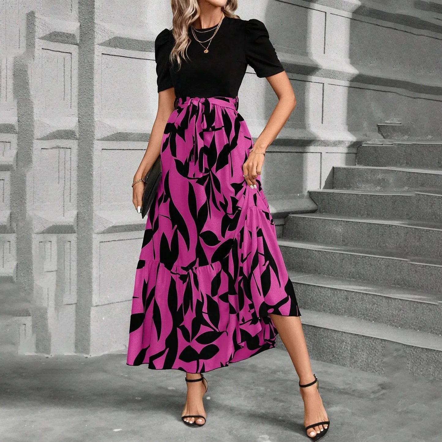 Elegant Women'S Dresses Floral Print High Waist Long Dresses Y2k Short Sleeved Round Neck Office Clothing Vestidos Para Mujer