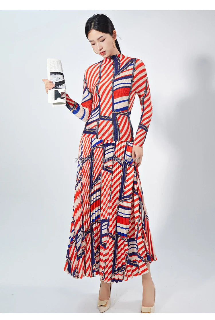 Elegant Women's Two-Piece Dress Set Pleated Striped Long-Sleeved Turtleneck Skirt Ankle Length Woven Fabric Anti-Static