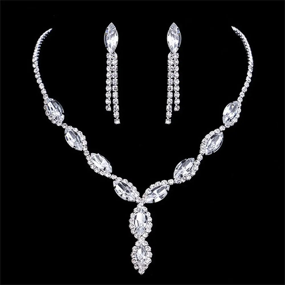 Wedding Dress Crystal Jewelry Set Shiny Banquet Ladies Rhinestone Necklace Earrings Bride Jewelry Gifts