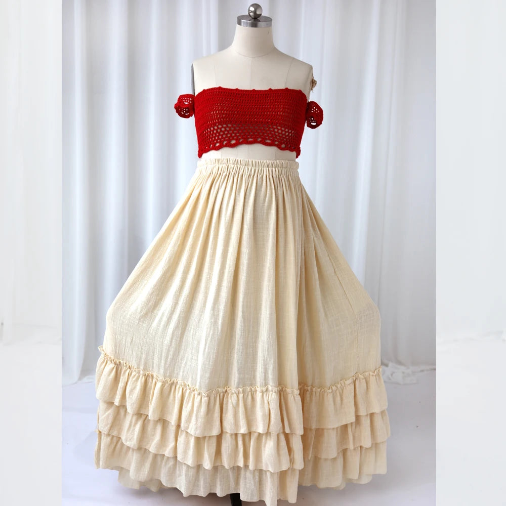 Knitted Bra&Linen Cotton Three-Layer Lace Boho Style Dress Two-Piece Set Photography Dress For Women Photography Props Dress