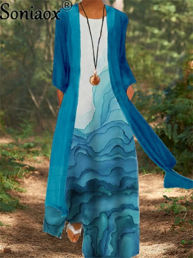 New Two-Piece Set Lady Flower Print Sleeveless Maxi Dress With Cardigan Hot Clothes Women 2025 Summer Boho Elegant Dresses Coat