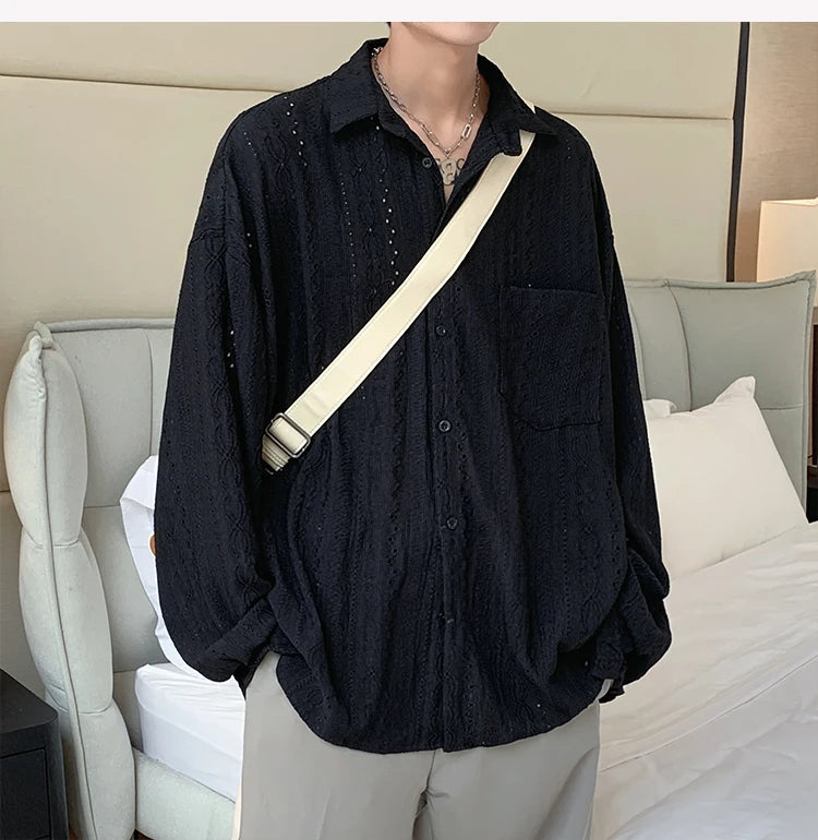 Shirts for Men Hollow Out Lapel Men Blouse Vacation Sexy Handsome Fashion Men Clothing Mesh Long-sleeved Shirts Black/Apricot