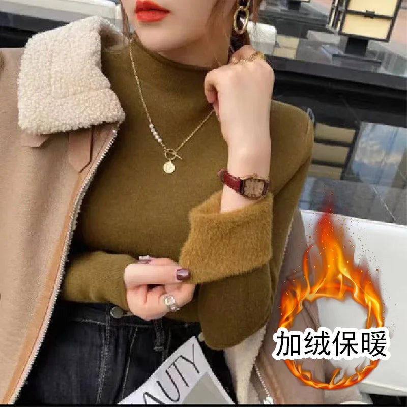 2025 Sweater For Women Casual Thick Warm Knit Plush Velvet Lined Pullover Tops Fall Winter Soft Knitwear Jumper New Slim Poleras