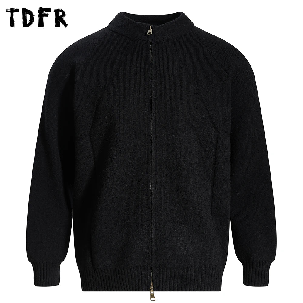 Spliced Sweatercoat Mens Autumn Winter Casual Loose Raglan Sleeve Stand Collar Long Sleeve Knitted Sweater Outerwear Man