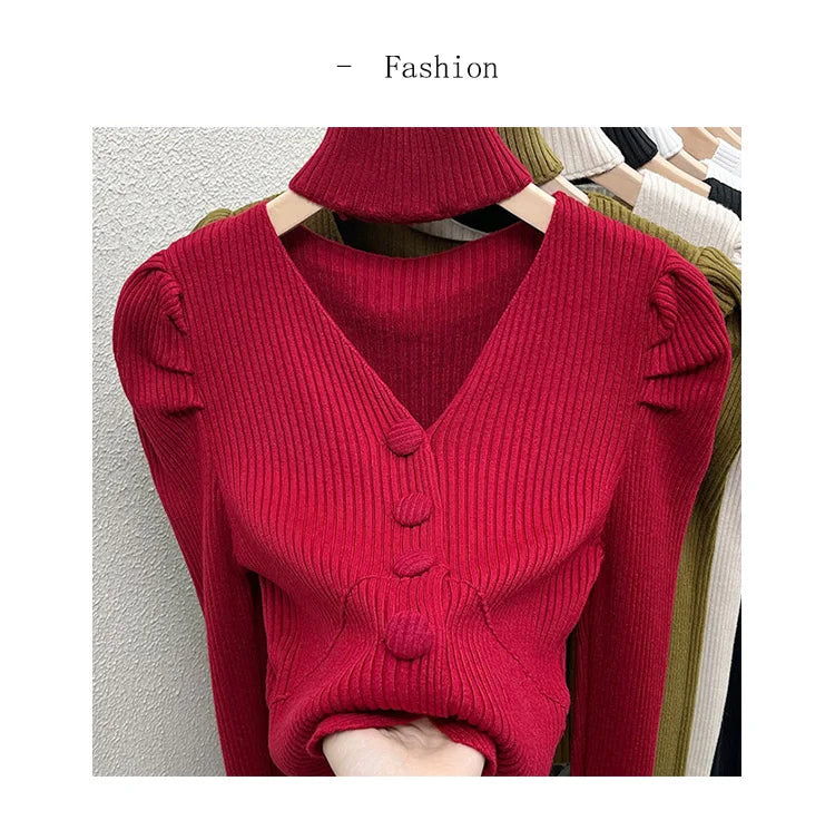 Red Sweater Knitted Sweater Women's Inner Layering Shirt with Unique Unique V-neck Halter Top Design for Autumn and Winter