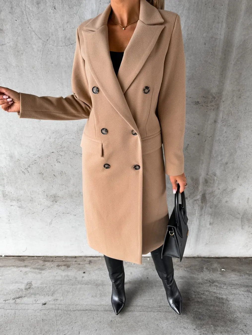 Women Double Breasted Woolen Outerwear Solid Color Long Overcoat Commuter Style Turndown Collar Lady Outerwear for Autumn Winter