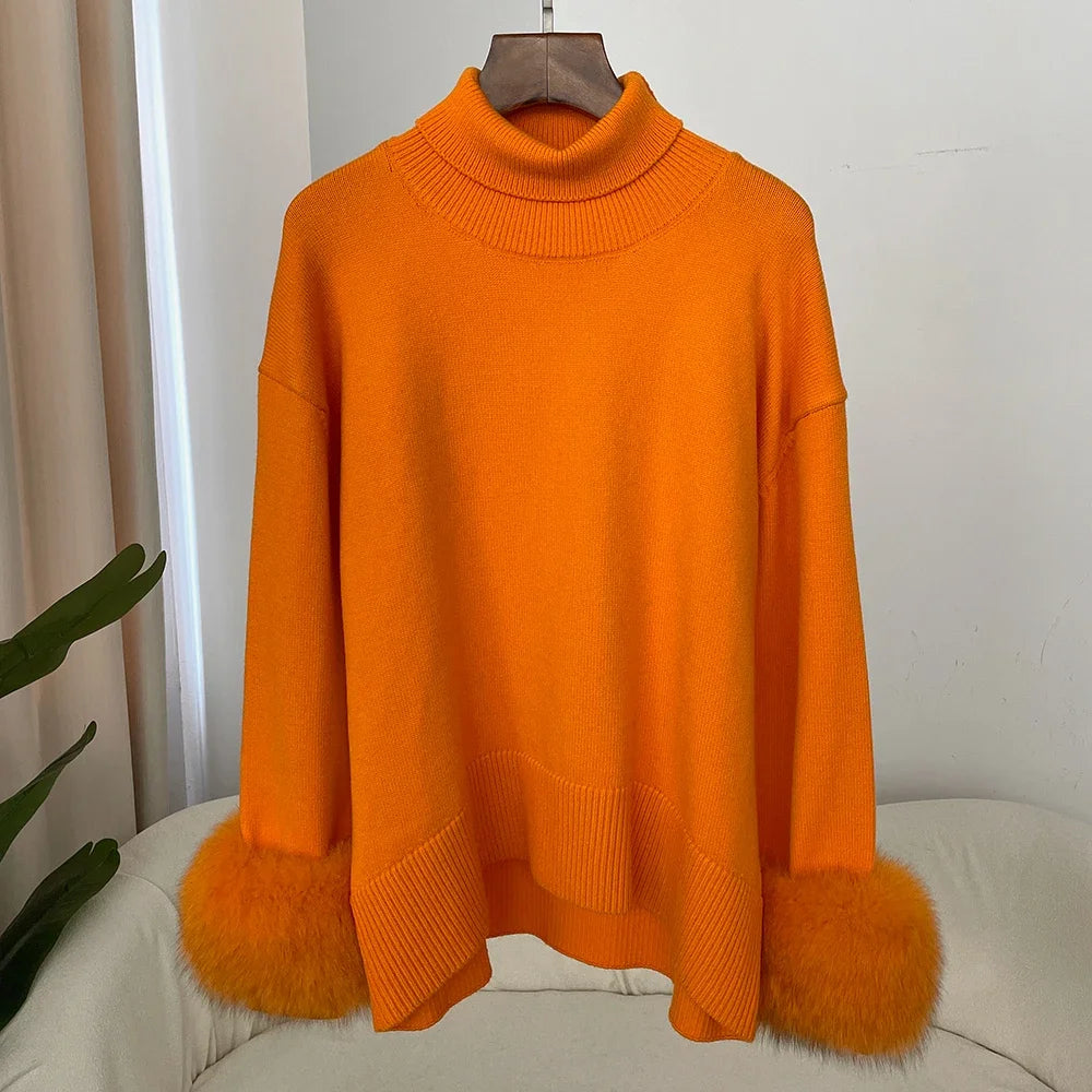 Sweater Women 2024 Autumn Winter Fashionable Sweaters with Real Fox Fur Sleeves Slim Fit Sweaters Fur Knitwear England Style