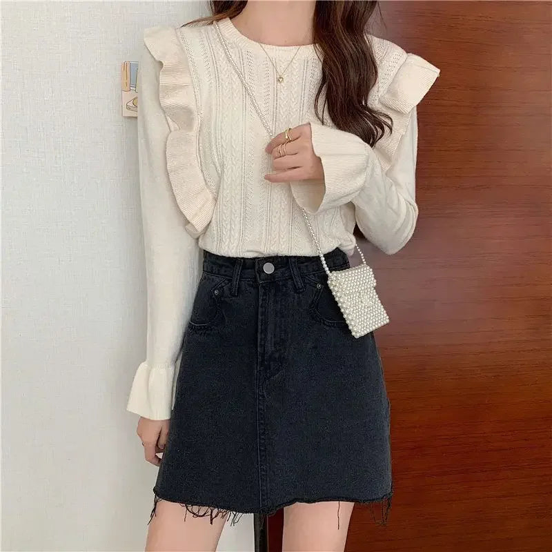 Ladies Sweaters Pullovers Round O Neck Grey Knitted Top for Women Jersey Winter 2025 Jumper Economics Long Sleeve Thermal Blouse