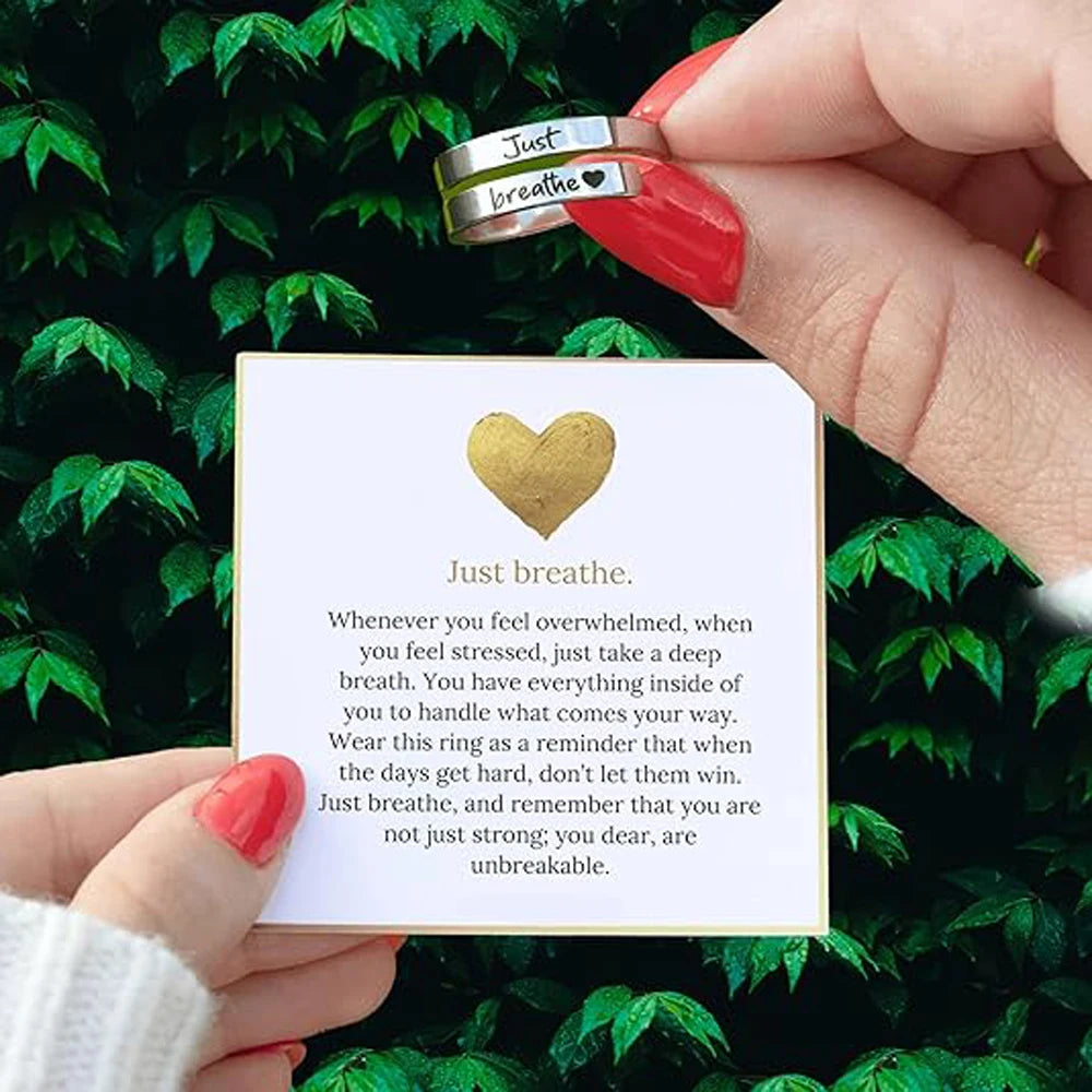 Stainless Steel Ring Just Breathe Ring for Women Men, Spiral Wrap Healing Rings, Inspirational Gifts with Message Card Box
