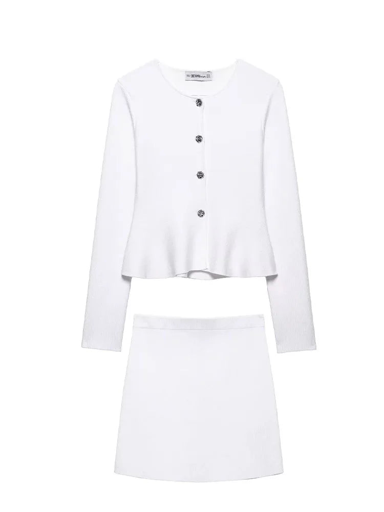 HH Women Skirt Suit O-Neck Single Breasted Long Sleeve Knitted Cardigan Top+Elegant Elastic Waist High Street Mini Skirt