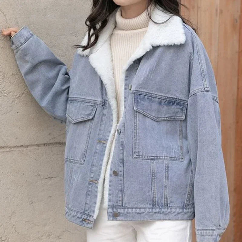 Outerwear Wool Inside Plain Warm Blue Denim Jacket for Women with Fur Plush Woman Jean Coat Winter 2025 Cold Padded Korean Outer