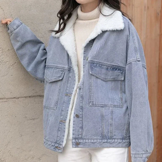 Outerwear Wool Inside Plain Warm Blue Denim Jacket for Women with Fur Plush Woman Jean Coat Winter 2025 Cold Padded Korean Outer