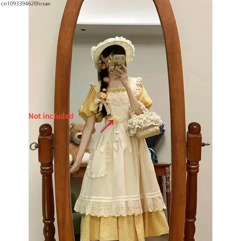2025Spring NEW Two-piece Dress Suit French Sweet Pastoral Style Slim Square Collar Yellow Plaid Dress Women + Ruffles OuterDress