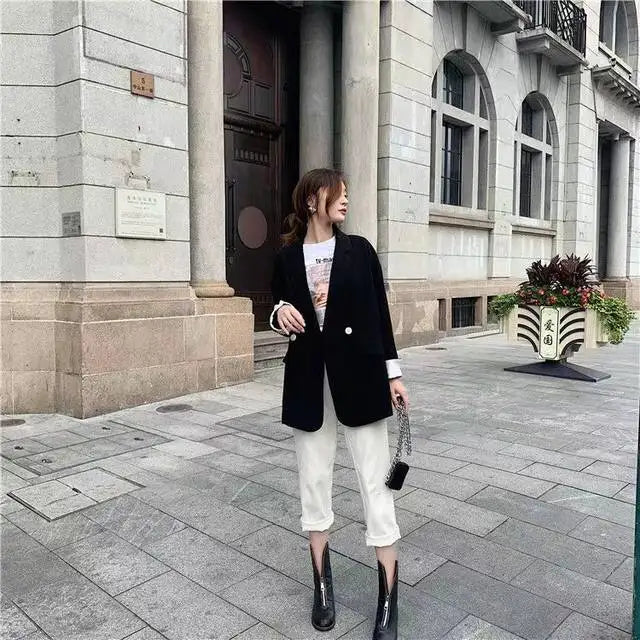 Long Blazers Woman Spring Casual Office Lady Lapel Double-breasted Slim-fit Elegant Solid Color Fashion Outerwear Minimalist